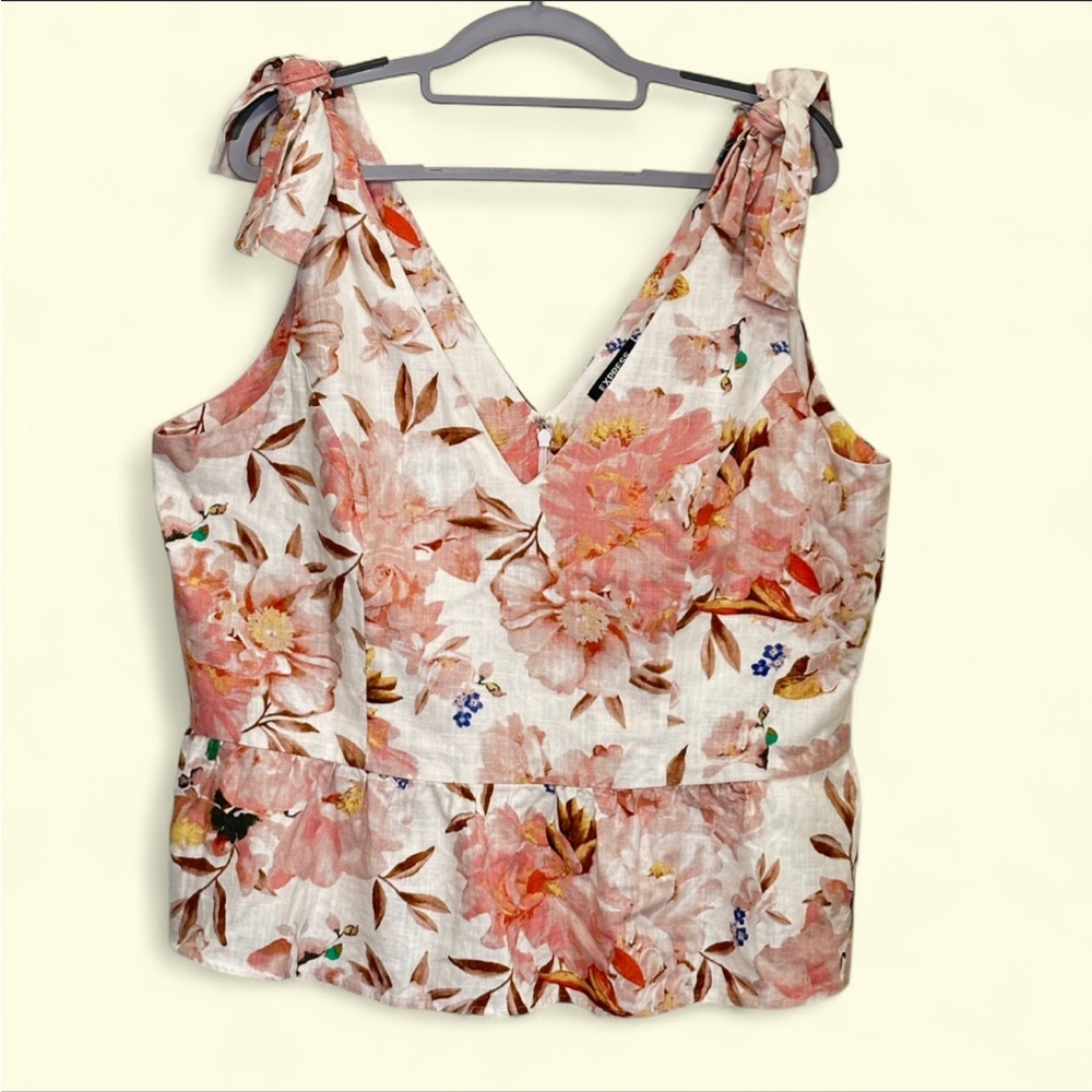 Express Cottagecore Coquette Floral Linen Blend V-Neck Tie Shoulder Peplum Top